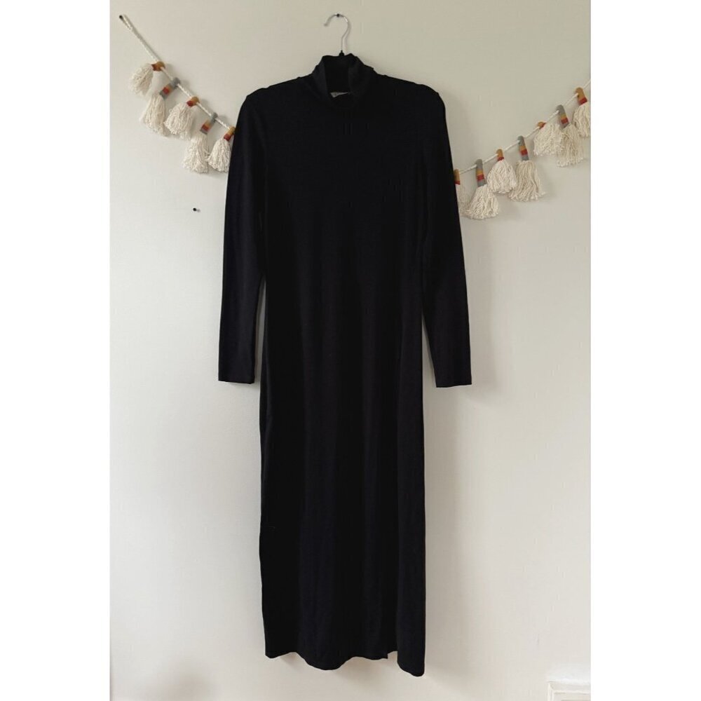 Susana Monaco Mock Neck Slit Long Sleeve Black Maxi Jersey Dress Modest Classic